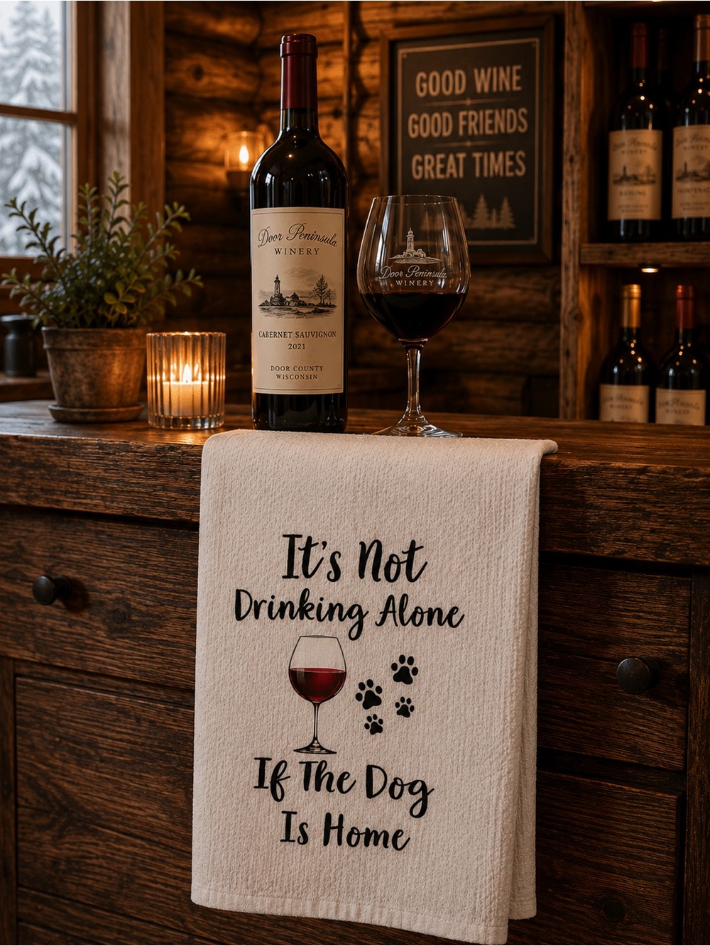Rustic White 'It's Not Drinking Alone' Wine Kitchen Towel